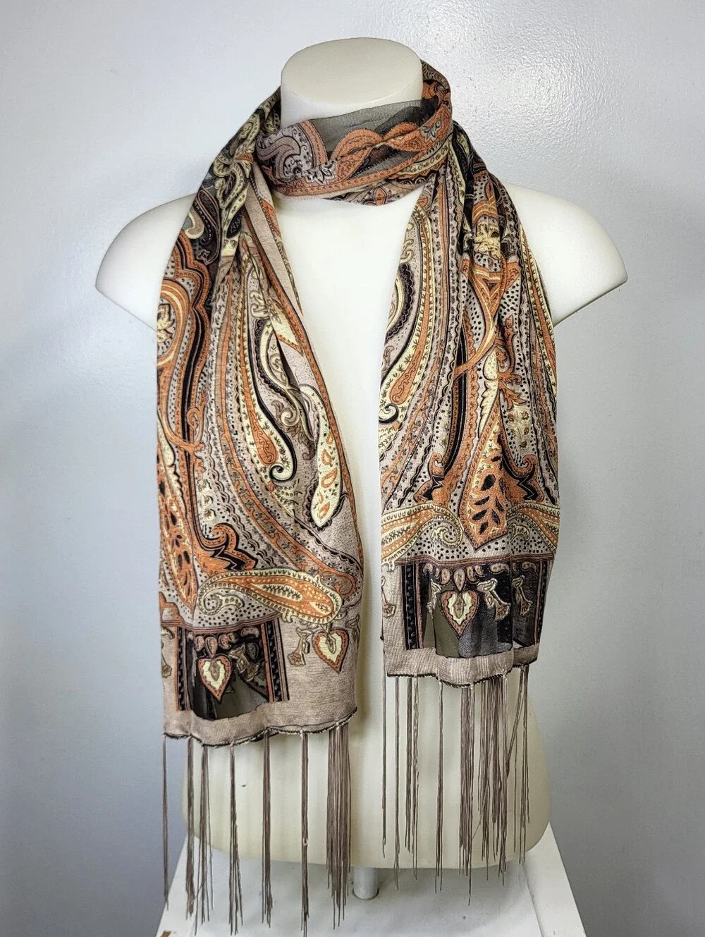 Paisley Fringe Scarf in Beige and Burnt Orange 20